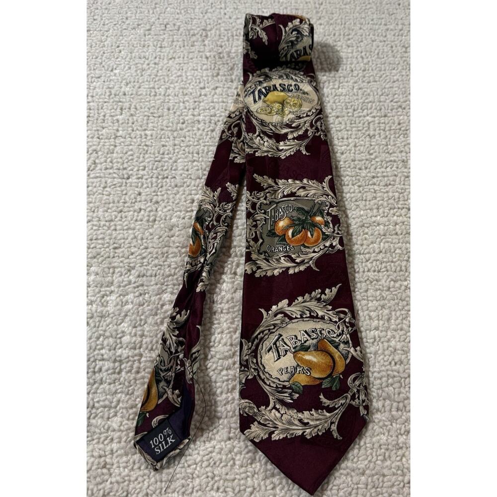 TABASCO Fruits Maroon 100% Silk Men's Tie - Vintage - Pears Oranges Lemons